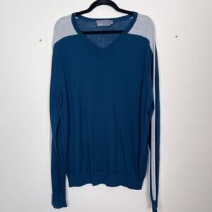 Vince Mens XLarge XL Blue Teal Gray Wool Stripe Sleeve Colorblock VNeck Sweater